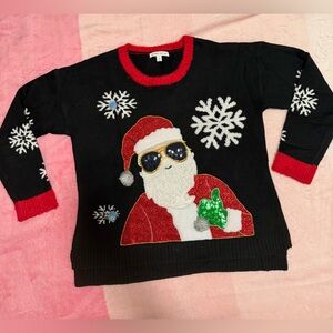 Black Christmas Sweater with Santa and Snowflakes size XL missing one pun